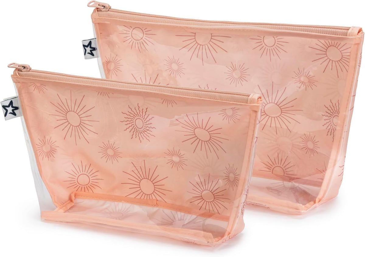 Diaper Bag Organizing Pouches | 2 Pack Mess-Proof Travel Organizer Bags with Structured Bottom & Clear Front | TSA Approved Toiletry Bag Set for Baby and Mom Essentials (Boho Rainbow)