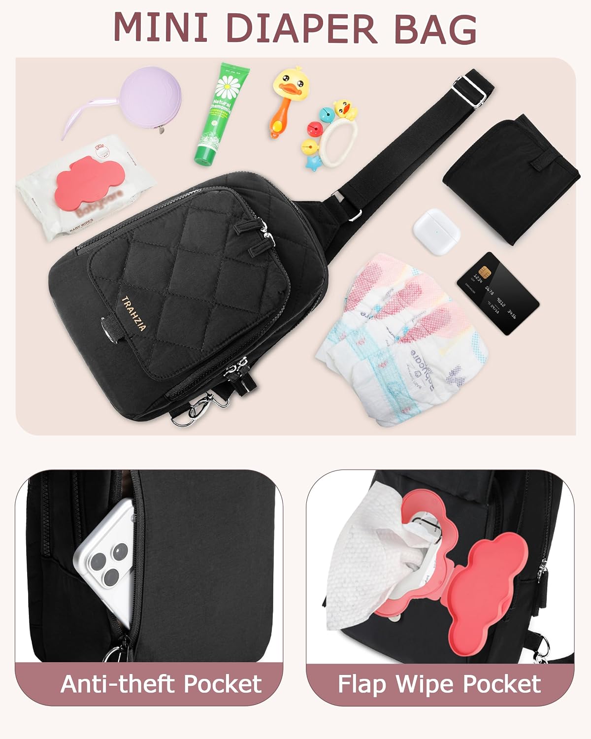 Mini Diaper Bag with Changing Pad, Small Crossbody Diaper Purse