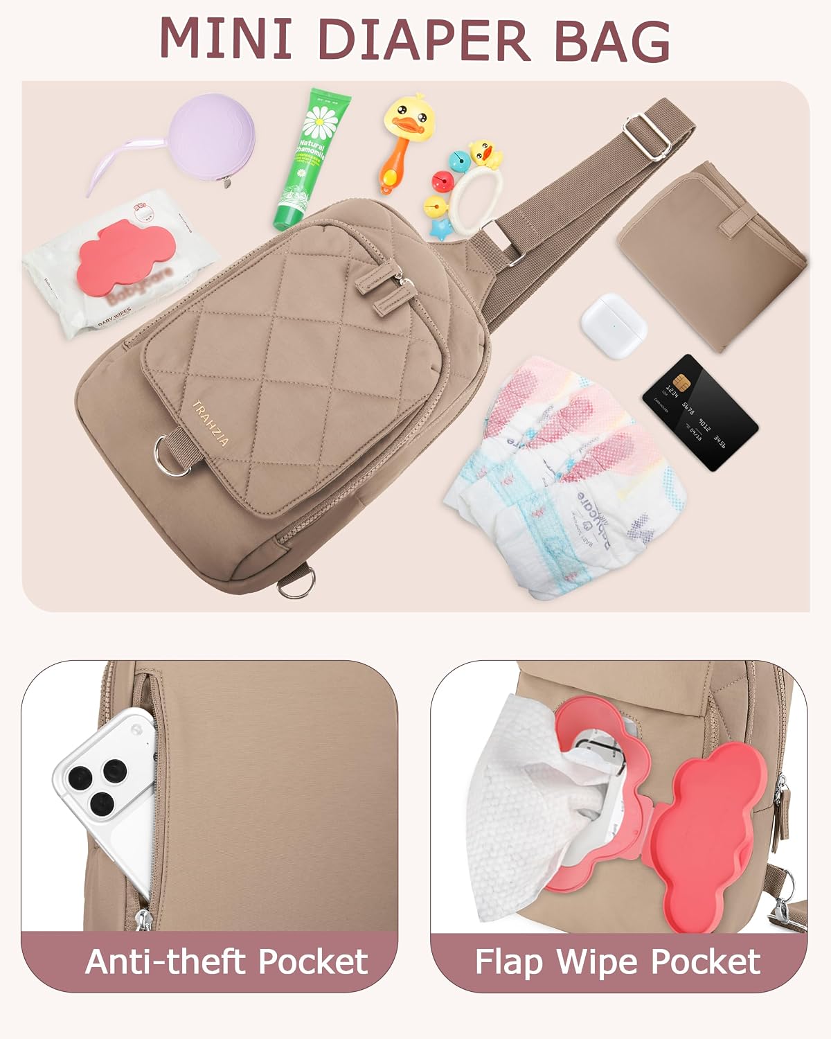 Mini Diaper Bag with Changing Pad, Small Crossbody Diaper Purse