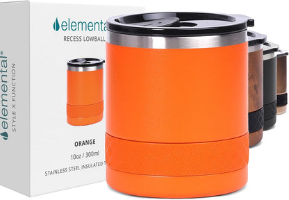 Recess Lowball Tumbler, 10oz Triple Wall Stainless Steel Cup with Non-Shattered Tritan Lid, Insulated Whiskey Glass, Insulated Coffee Tumbler Mug for Hot & Cold Drinks - Orange