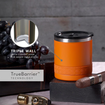 Recess Lowball Tumbler, 10oz Triple Wall Stainless Steel Cup with Non-Shattered Tritan Lid, Insulated Whiskey Glass, Insulated Coffee Tumbler Mug for Hot & Cold Drinks - Orange