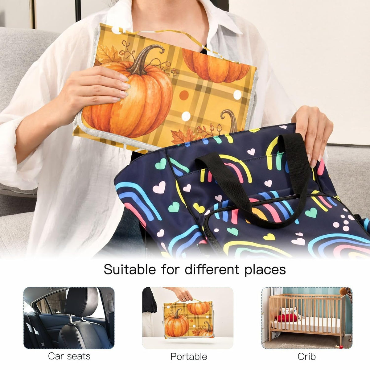 Pumpkin Plaid Pattern Portable Diaper Changing Pad for Beach