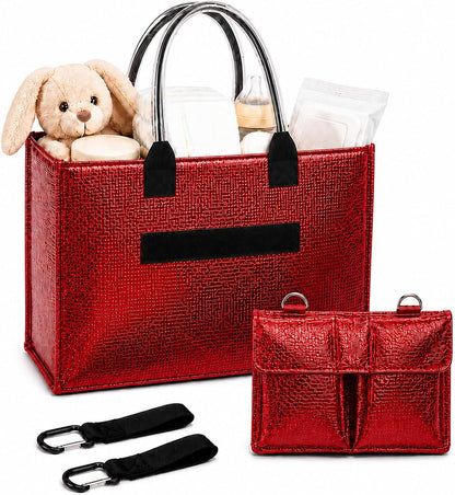 Baby Diaper Caddy Organizer with Removable Dividers, Red