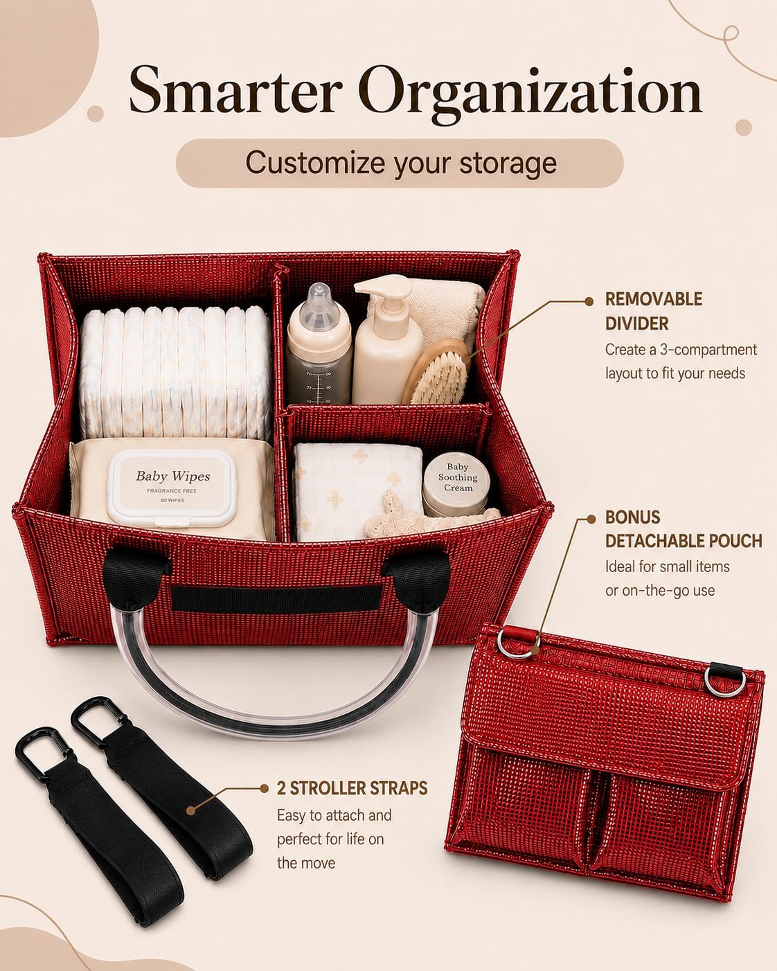 Baby Diaper Caddy Organizer with Removable Dividers, Red
