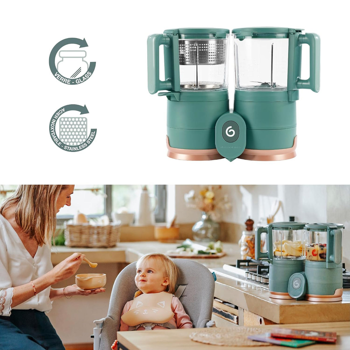Duo Meal Glass Food Maker - Baby Food Processor with Built-in Glass Steamer, Stainless Steel Basket, and Glass Blender (Over 6 Cup Capacity)