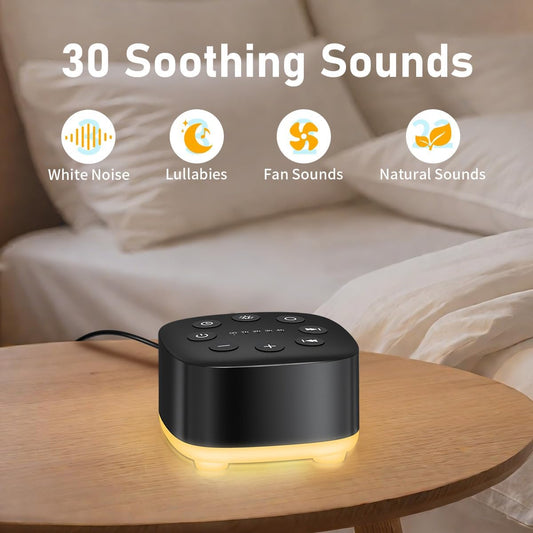 White Noise Sound Machine 30 Soothing Sounds with 32 Volume Control 12 Night Light 5 Timers Portable Sleep Machine for Travel Powered by AC or USB Sleep Therapy for Baby Kids Adults (Black)