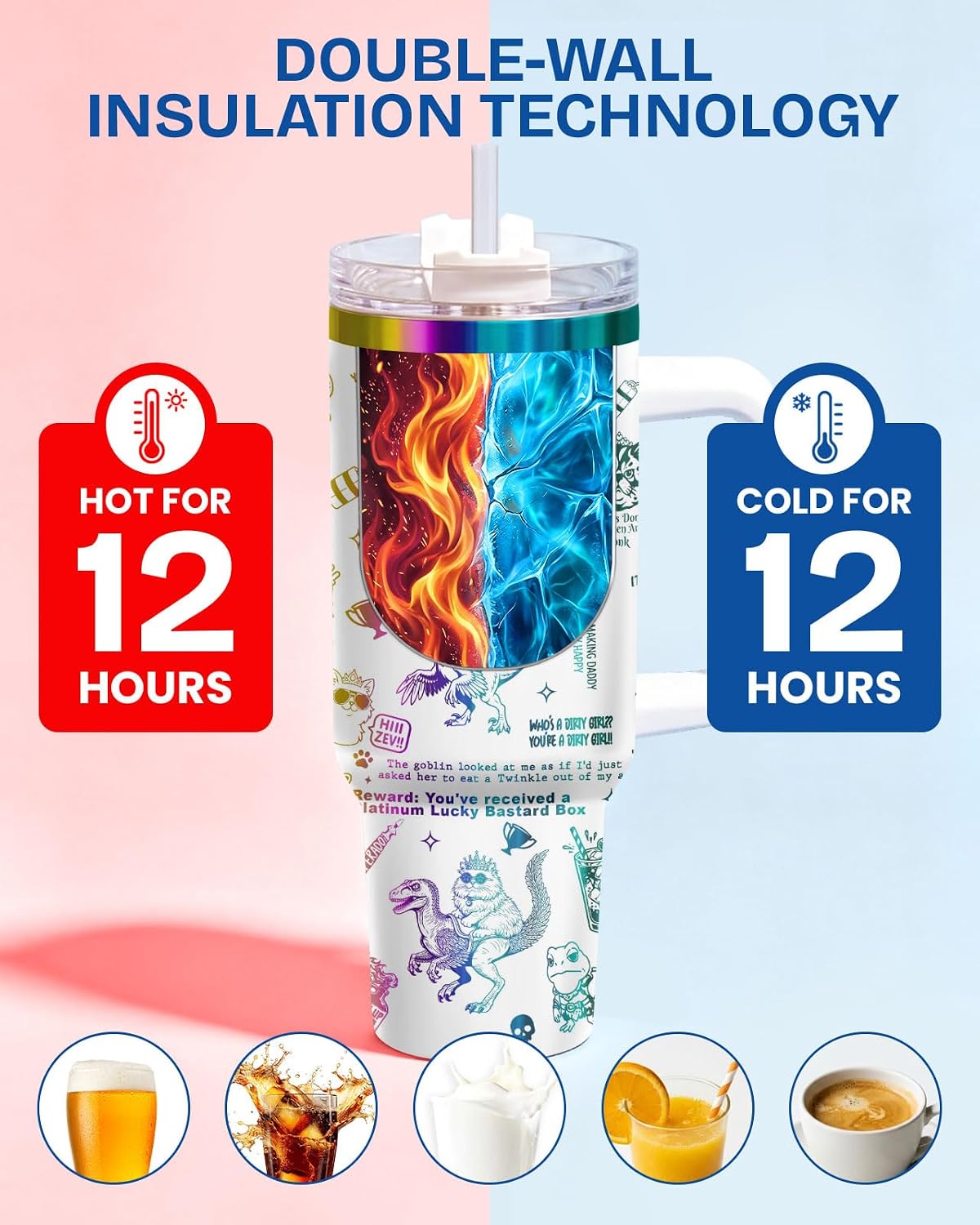 Fantasy Cat Dinosaur 40 oz Tumbler with Handle, Cat Lover Gift