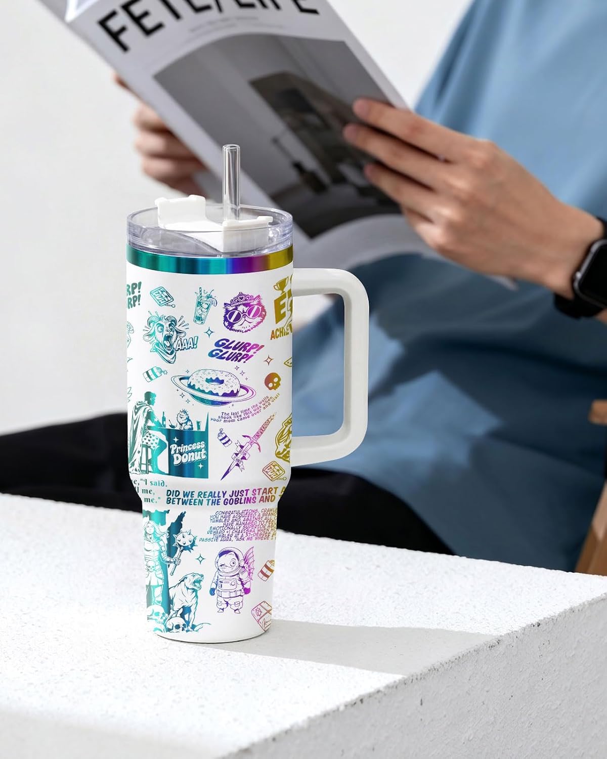 Fantasy Cat Dinosaur 40 oz Tumbler with Handle, Cat Lover Gift