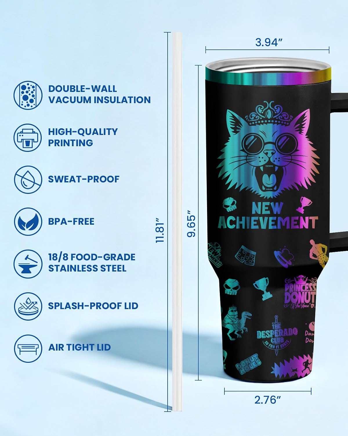 Fantasy Cat Dinosaur 40 oz Tumbler with Handle, Cat Lover Gift