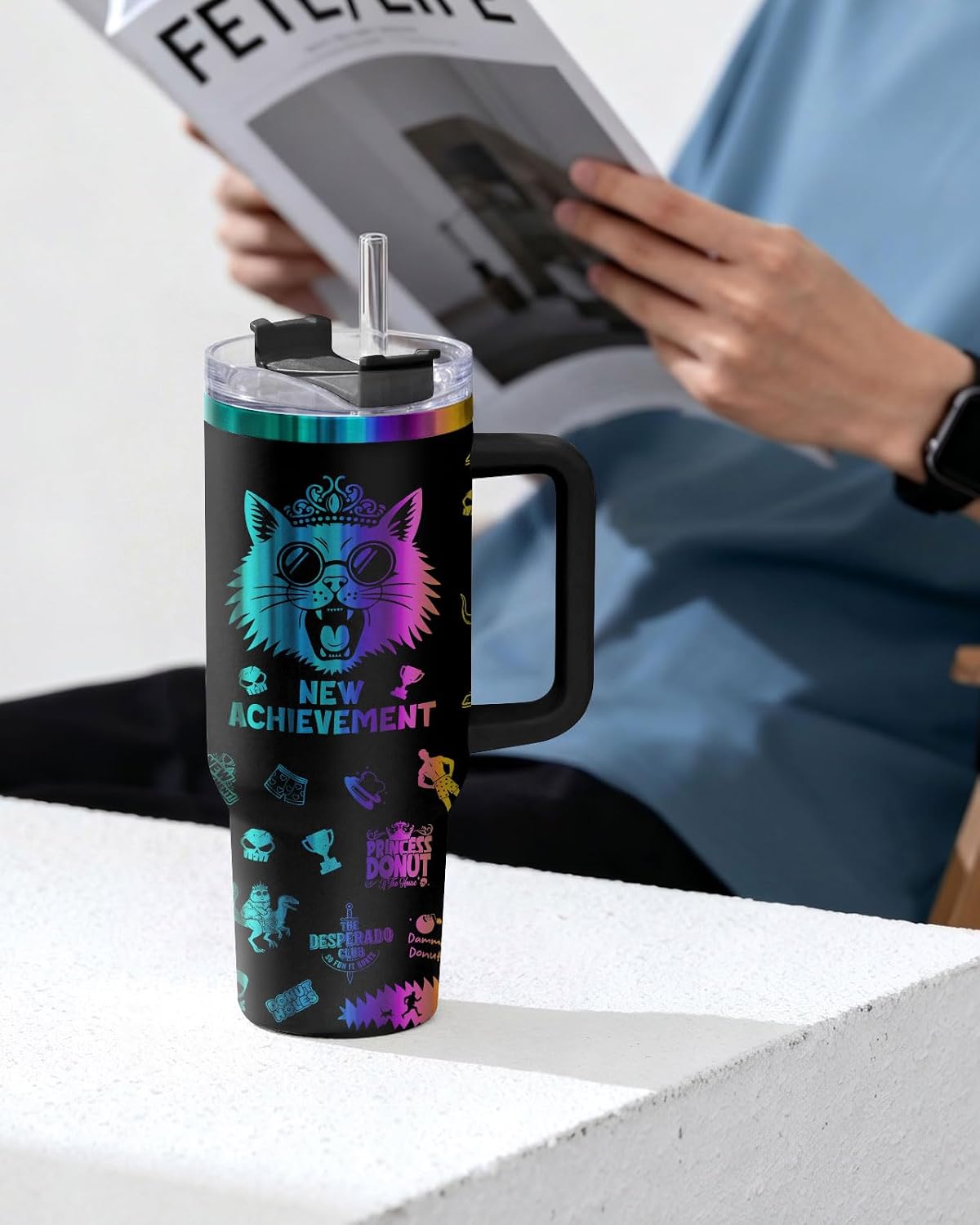 Fantasy Cat Dinosaur 40 oz Tumbler with Handle, Cat Lover Gift