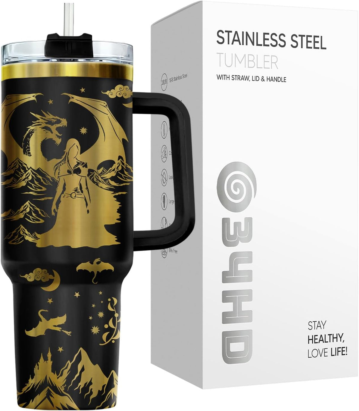 Fantasy Cat Dinosaur 40 oz Tumbler with Handle, Cat Lover Gift
