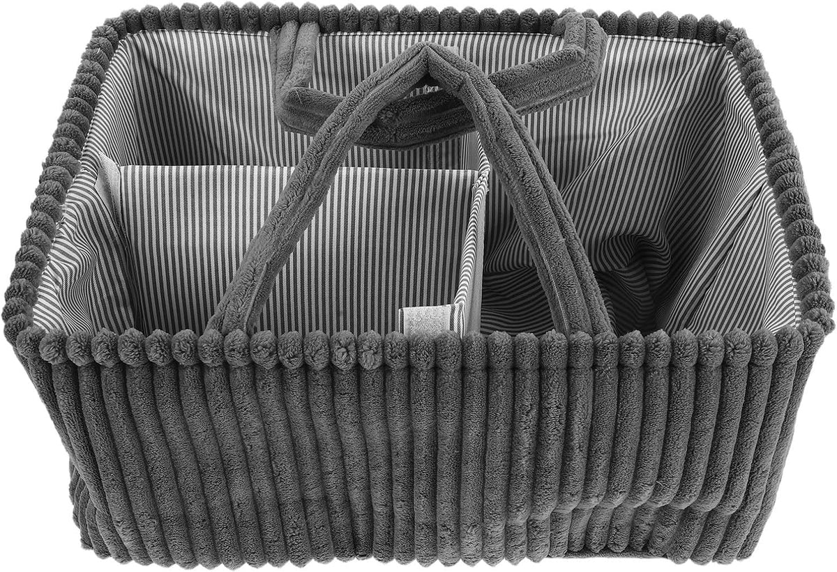 Diaper Caddy Organizer and Stable Structure Corduroy with Handle and Removable Dividers , Rectangular Storage Basket Handheld Mobility Modern for Nursery and Closet Organization