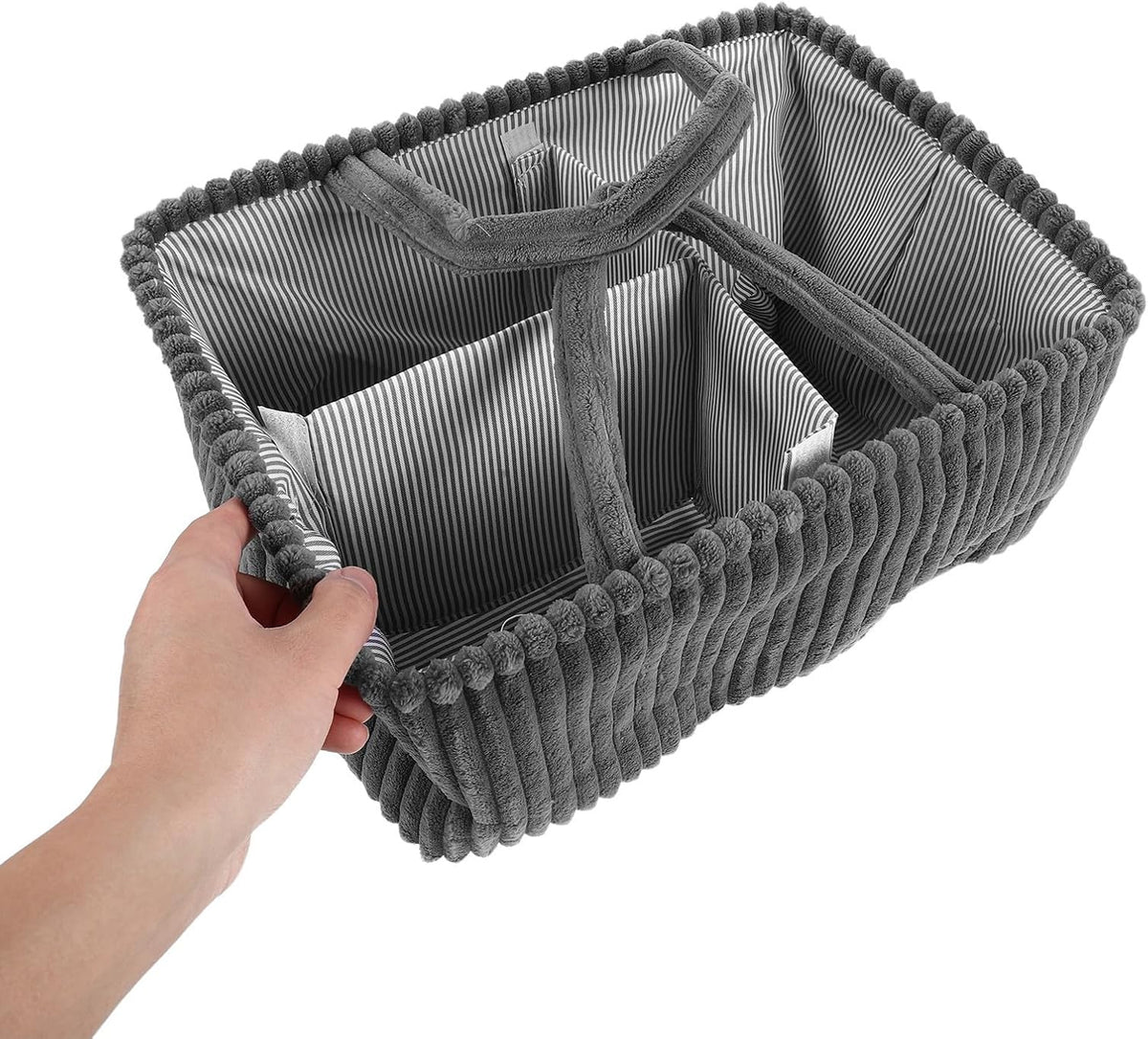 Diaper Caddy Organizer and Stable Structure Corduroy with Handle and Removable Dividers , Rectangular Storage Basket Handheld Mobility Modern for Nursery and Closet Organization
