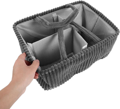Diaper Caddy Organizer and Stable Structure Corduroy with Handle and Removable Dividers , Rectangular Storage Basket Handheld Mobility Modern for Nursery and Closet Organization