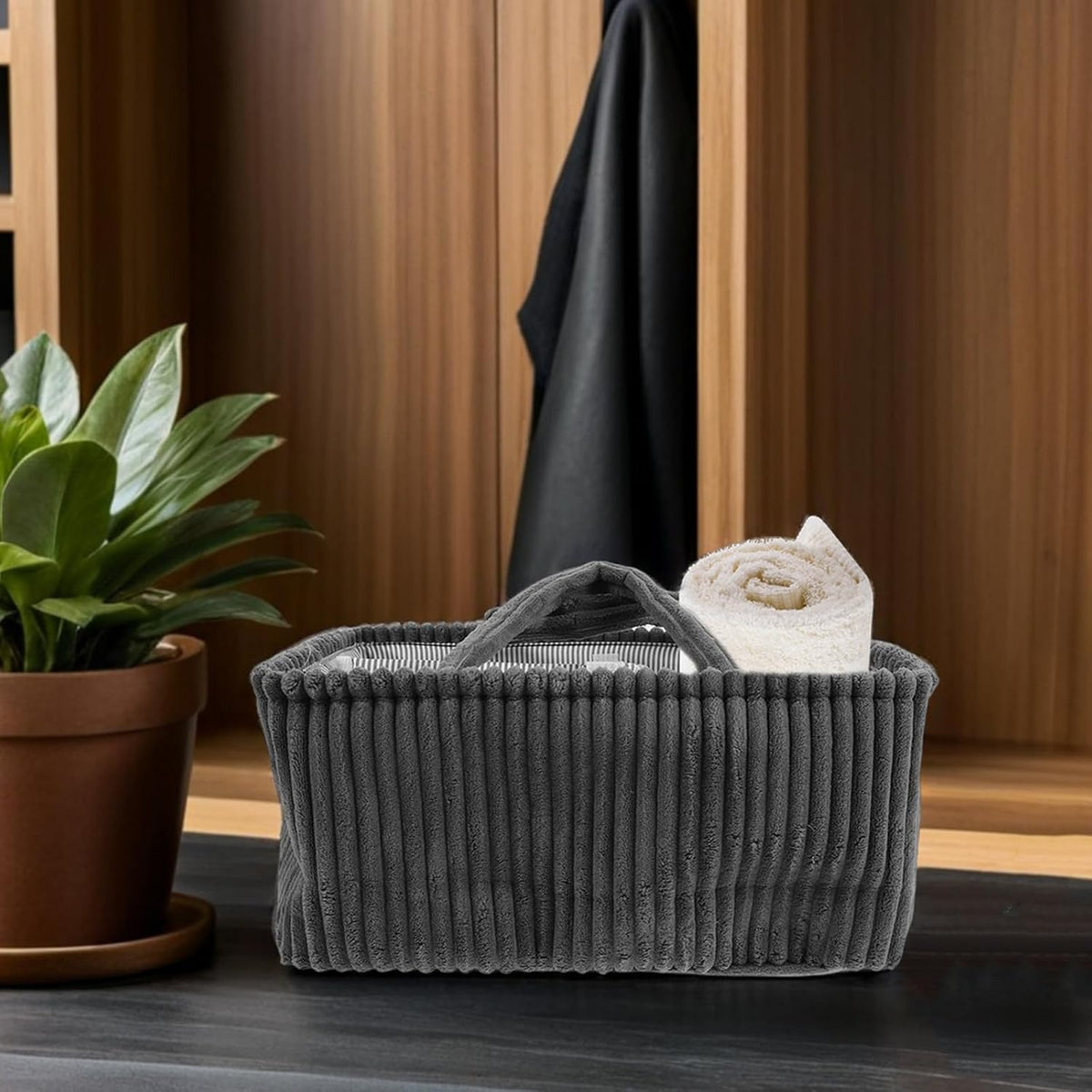 Diaper Caddy Organizer and Stable Structure Corduroy with Handle and Removable Dividers , Rectangular Storage Basket Handheld Mobility Modern for Nursery and Closet Organization