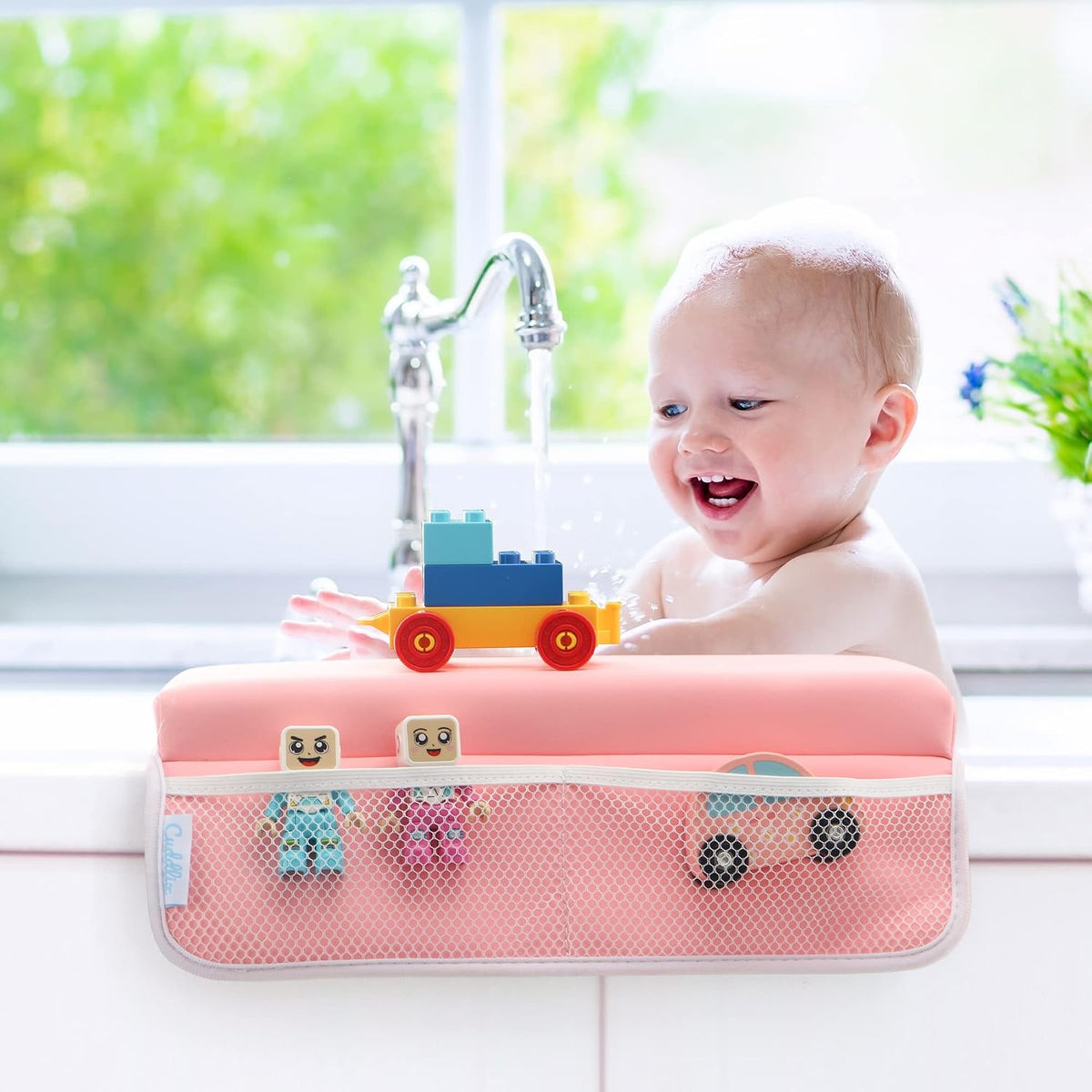 Cuddlix Baby Kneeler and Elbow Rest Pad Set for Baby Bathing Parents, Extra Thick Soft Mat with Organizer Pockets - Painless Kneeling Quick Drying Non-Slip for Newborn, Pastel Pink