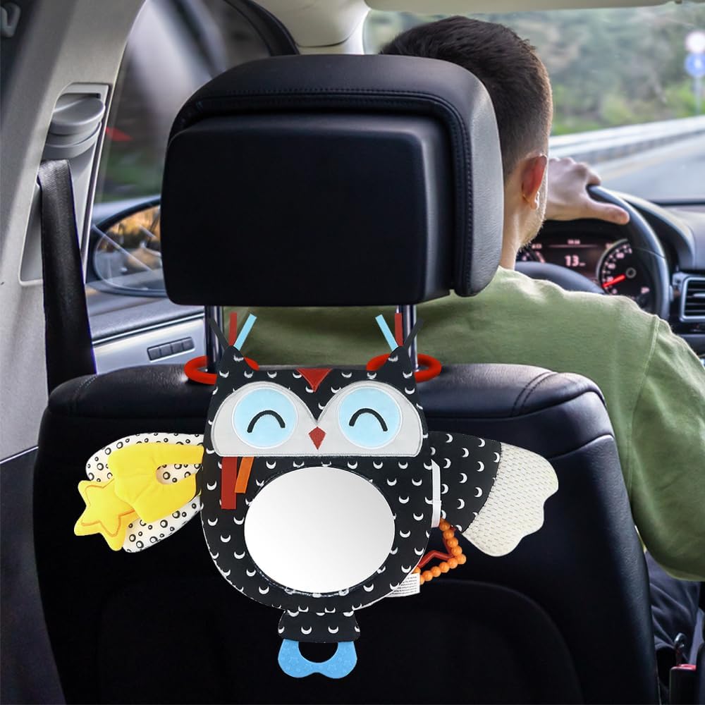 Baby Black and White Toy with in-Sight Car Mirror for Hanging car seat, Stroller, Crib, High Contrast Baby Toys for Neborn Tummy time (White&Black)