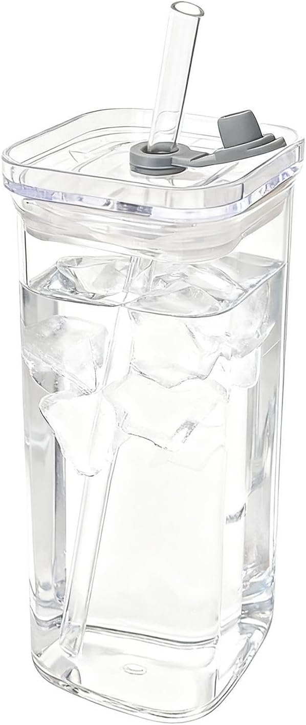 Square Drinking Glasses Square Drinking Glassware with Lid and Straws | Transparent Beverage Cup for Coffee Tea Juice Desk Kitchen Office Travel Home Party Bedroom