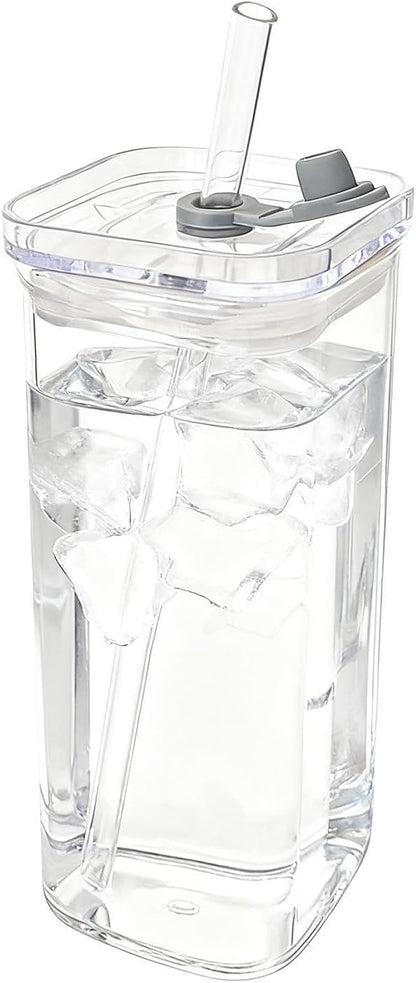 Square Drinking Glasses Square Drinking Glassware with Lid and Straws | Transparent Beverage Cup for Coffee Tea Juice Desk Kitchen Office Travel Home Party Bedroom