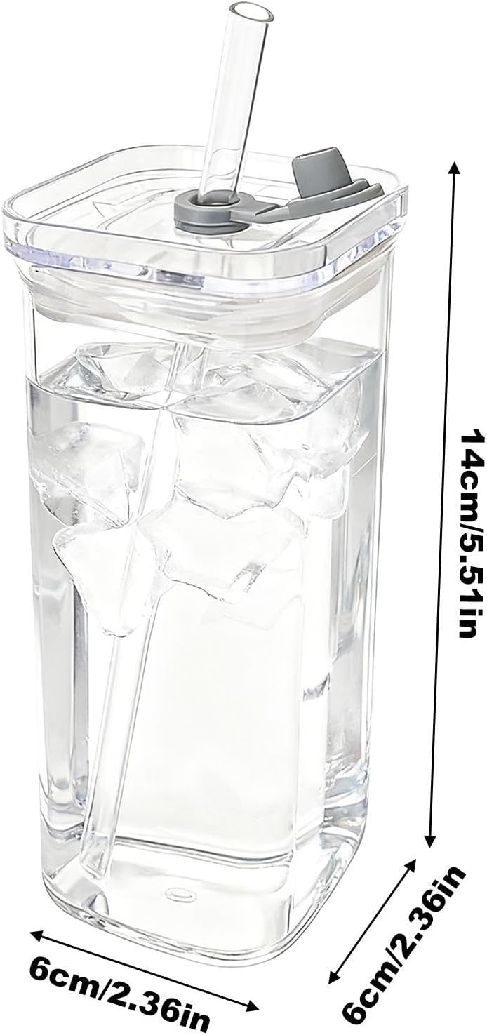 Square Drinking Glasses Square Drinking Glassware with Lid and Straws | Transparent Beverage Cup for Coffee Tea Juice Desk Kitchen Office Travel Home Party Bedroom