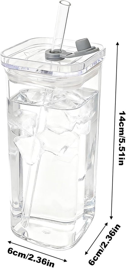 Square Drinking Glasses Square Drinking Glassware with Lid and Straws | Transparent Beverage Cup for Coffee Tea Juice Desk Kitchen Office Travel Home Party Bedroom