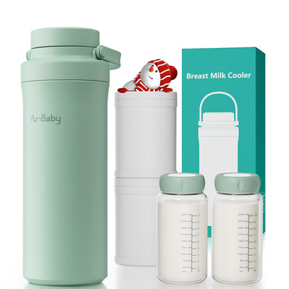 22oz Portable Breast Milk Cooler, Game-changer with 360° Total Cooling Gel Ice Pack for 30 Hours, Baby Travel Breastfeeding Essential Chiller with 2pcs Bottles for Breastmilk Storage (Green)