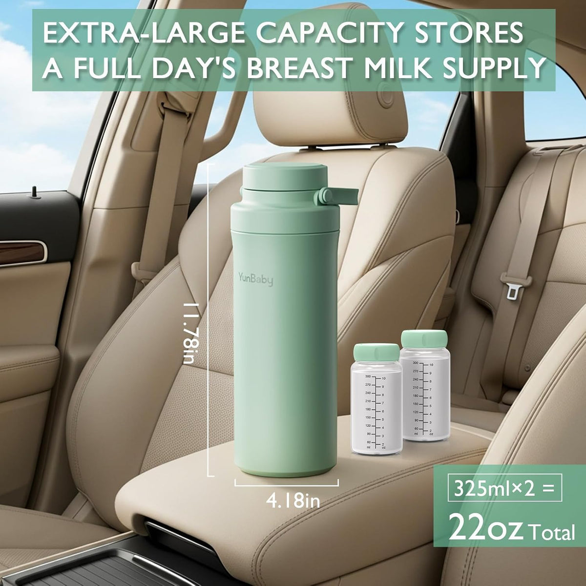 22oz Portable Breast Milk Cooler, Game-changer with 360° Total Cooling Gel Ice Pack for 30 Hours, Baby Travel Breastfeeding Essential Chiller with 2pcs Bottles for Breastmilk Storage (Green)