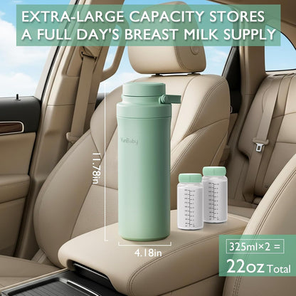 22oz Portable Breast Milk Cooler, Game-changer with 360° Total Cooling Gel Ice Pack for 30 Hours, Baby Travel Breastfeeding Essential Chiller with 2pcs Bottles for Breastmilk Storage (Green)