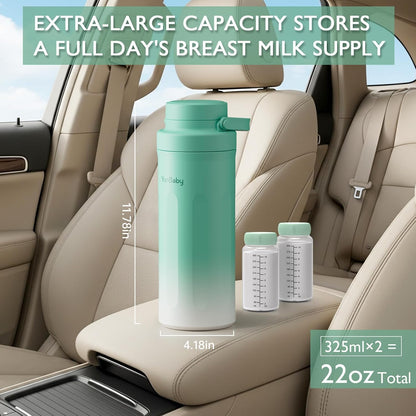 22oz Portable Breast Milk Cooler, Game-changer with 360° Total Cooling Gel Ice Pack for 30 Hours, Baby Travel Breastfeeding Essential Chiller with 2pcs Bottles for Breastmilk Storage (Green)