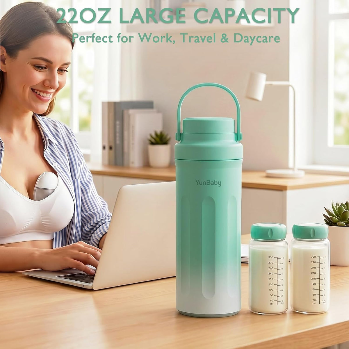 22oz Portable Breast Milk Cooler, Game-changer with 360° Total Cooling Gel Ice Pack for 30 Hours, Baby Travel Breastfeeding Essential Chiller with 2pcs Bottles for Breastmilk Storage (Green)