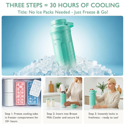 22oz Portable Breast Milk Cooler, Game-changer with 360° Total Cooling Gel Ice Pack for 30 Hours, Baby Travel Breastfeeding Essential Chiller with 2pcs Bottles for Breastmilk Storage (Green)
