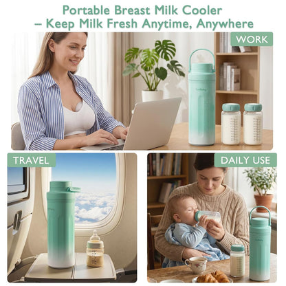 22oz Portable Breast Milk Cooler, Game-changer with 360° Total Cooling Gel Ice Pack for 30 Hours, Baby Travel Breastfeeding Essential Chiller with 2pcs Bottles for Breastmilk Storage (Green)
