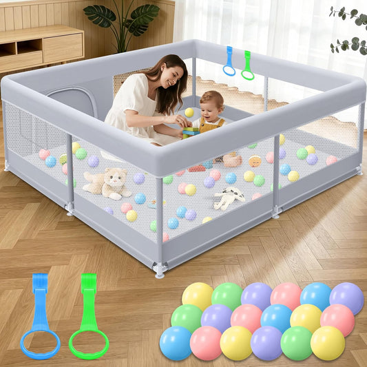 Baby Playpen 50 x 50 Inch Play Pen Playards, Playpen for Babies and Toddlers, Baby Playard for Indoor & Outdoor Active Center Game Fence, with Skin-Friendly Fabric and Soft Breathable Mesh Grey