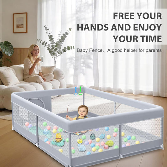 Baby Playpen 50 x 50 Inch Play Pen Playards, Playpen for Babies and Toddlers, Baby Playard for Indoor & Outdoor Active Center Game Fence, with Skin-Friendly Fabric and Soft Breathable Mesh Grey