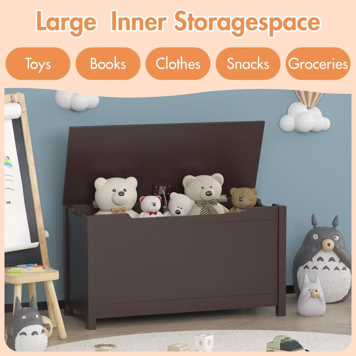 Kids Wooden Toy Box Storage Organizer, Toy Chest with Slow-Close Safety Hinged Lid, Large Playroom Furniture Storage Bin for Toddlers Ages 2+ (White)