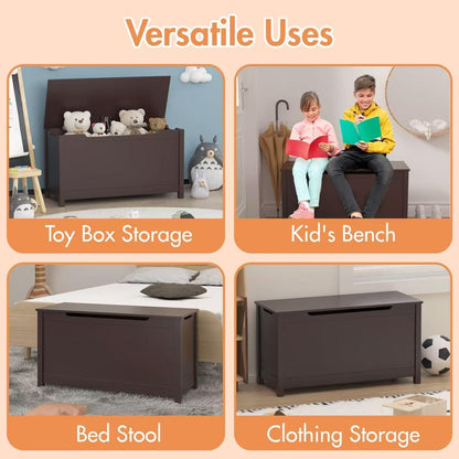 Kids Wooden Toy Box Storage Organizer, Toy Chest with Slow-Close Safety Hinged Lid, Large Playroom Furniture Storage Bin for Toddlers Ages 2+ (White)