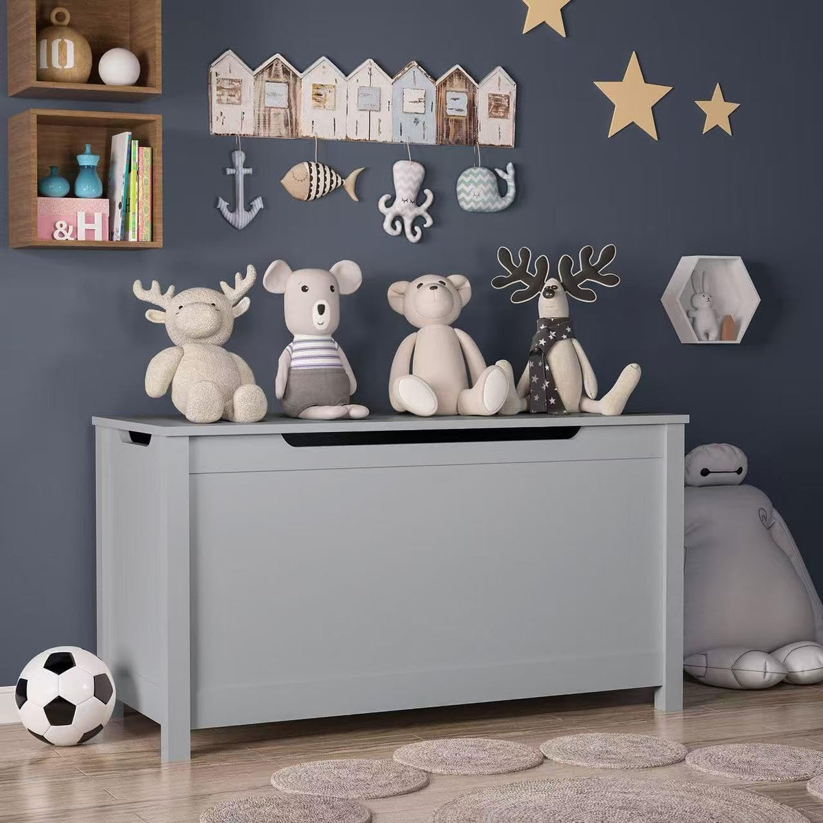 Kids Wooden Toy Box Storage Organizer, Toy Chest with Slow-Close Safety Hinged Lid, Large Playroom Furniture Storage Bin for Toddlers Ages 2+ (White)