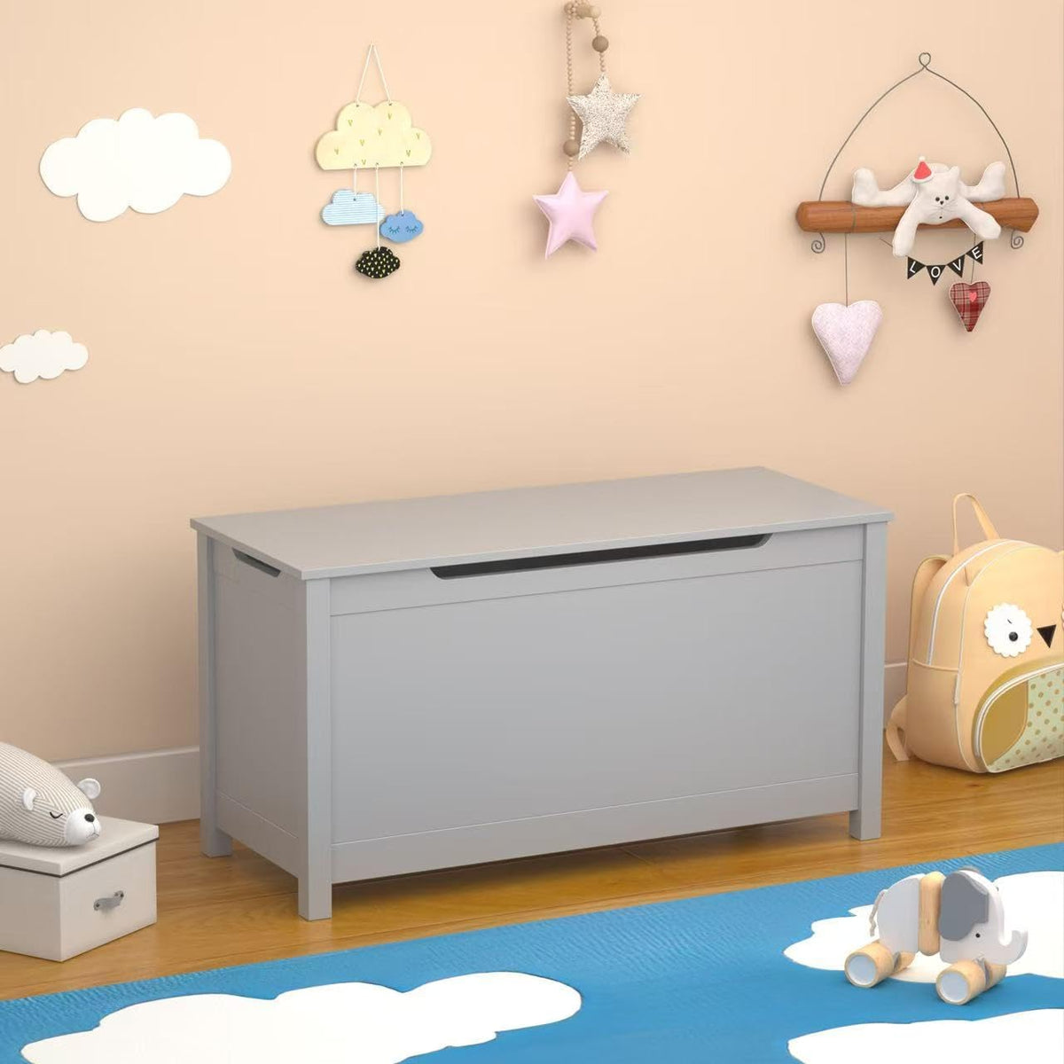 Kids Wooden Toy Box Storage Organizer, Toy Chest with Slow-Close Safety Hinged Lid, Large Playroom Furniture Storage Bin for Toddlers Ages 2+ (White)