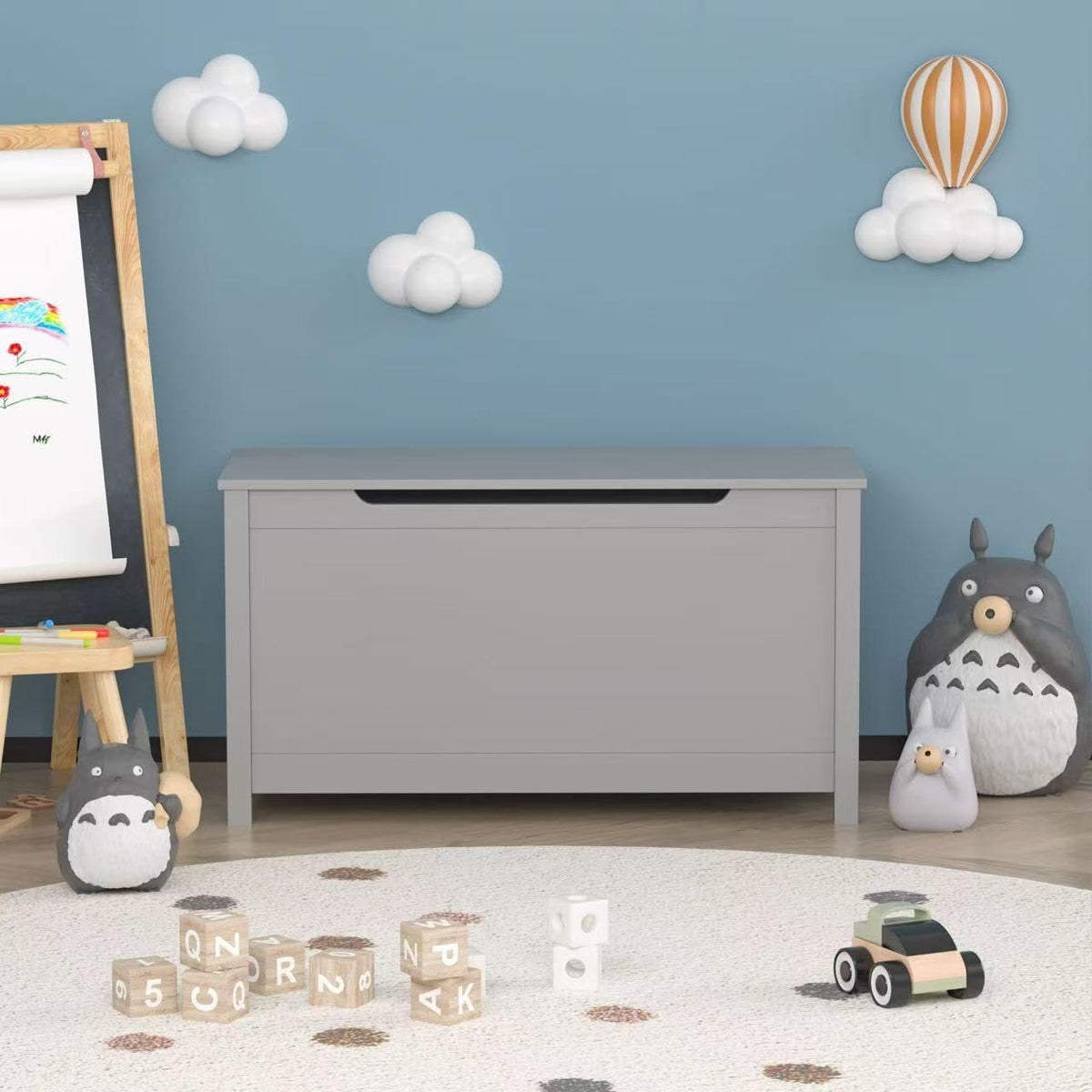 Kids Wooden Toy Box Storage Organizer, Toy Chest with Slow-Close Safety Hinged Lid, Large Playroom Furniture Storage Bin for Toddlers Ages 2+ (White)