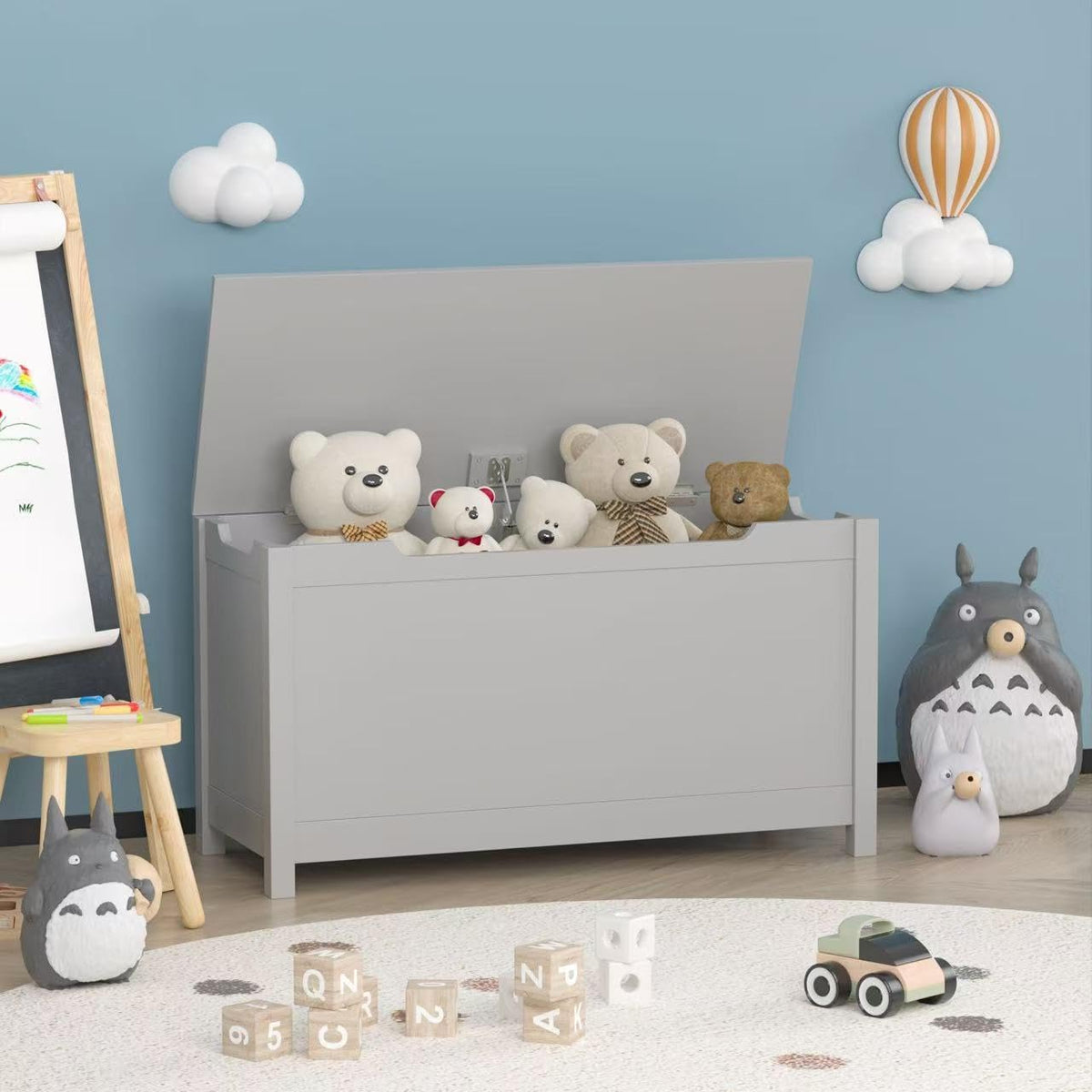 Kids Wooden Toy Box Storage Organizer, Toy Chest with Slow-Close Safety Hinged Lid, Large Playroom Furniture Storage Bin for Toddlers Ages 2+ (White)