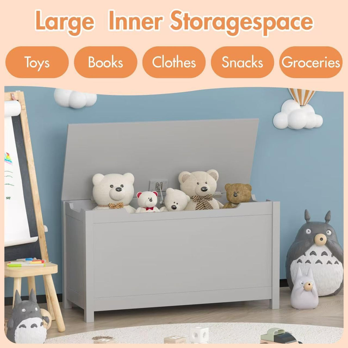 Kids Wooden Toy Box Storage Organizer, Toy Chest with Slow-Close Safety Hinged Lid, Large Playroom Furniture Storage Bin for Toddlers Ages 2+ (White)