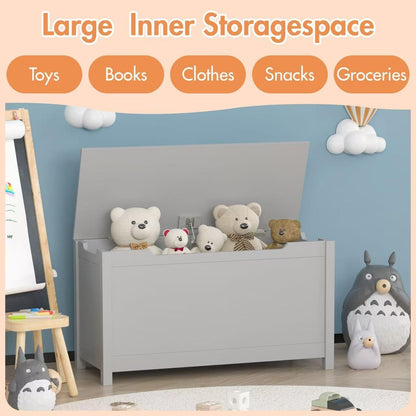 Kids Wooden Toy Box Storage Organizer, Toy Chest with Slow-Close Safety Hinged Lid, Large Playroom Furniture Storage Bin for Toddlers Ages 2+ (White)