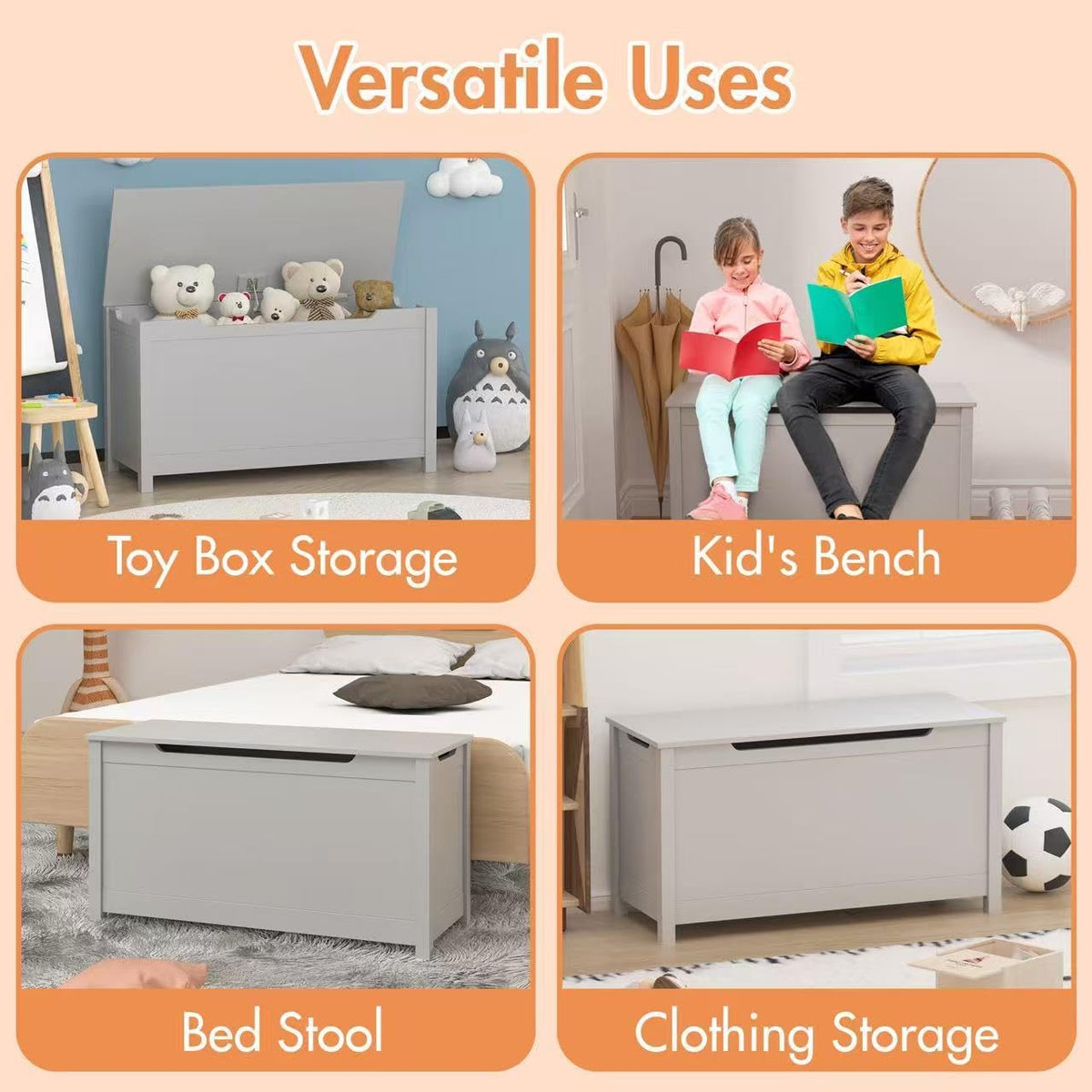 Kids Wooden Toy Box Storage Organizer, Toy Chest with Slow-Close Safety Hinged Lid, Large Playroom Furniture Storage Bin for Toddlers Ages 2+ (White)