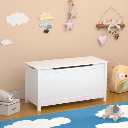 Kids Wooden Toy Box Storage Organizer, Toy Chest with Slow-Close Safety Hinged Lid, Large Playroom Furniture Storage Bin for Toddlers Ages 2+ (White)