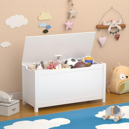 Kids Wooden Toy Box Storage Organizer, Toy Chest with Slow-Close Safety Hinged Lid, Large Playroom Furniture Storage Bin for Toddlers Ages 2+ (White)