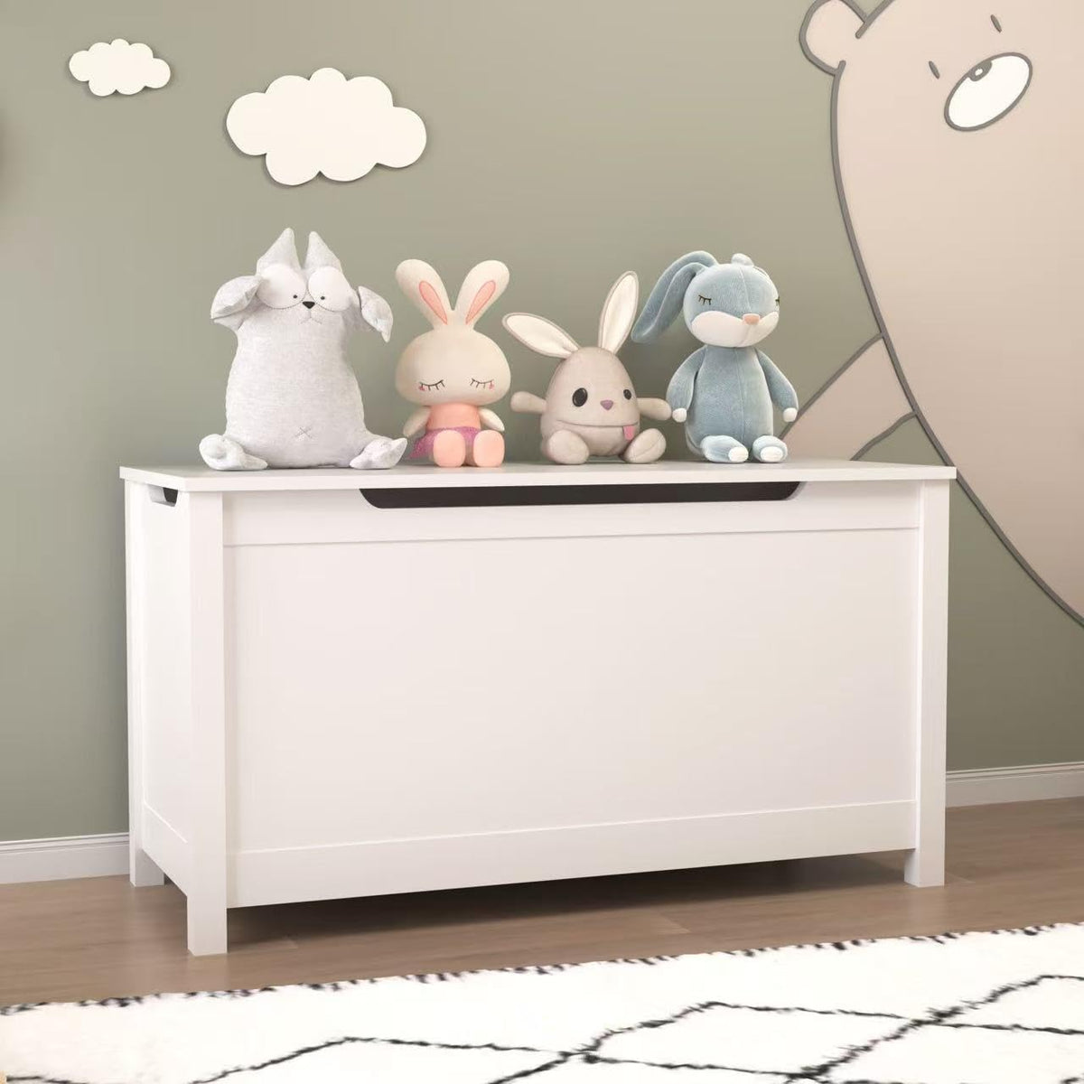 Kids Wooden Toy Box Storage Organizer, Toy Chest with Slow-Close Safety Hinged Lid, Large Playroom Furniture Storage Bin for Toddlers Ages 2+ (White)