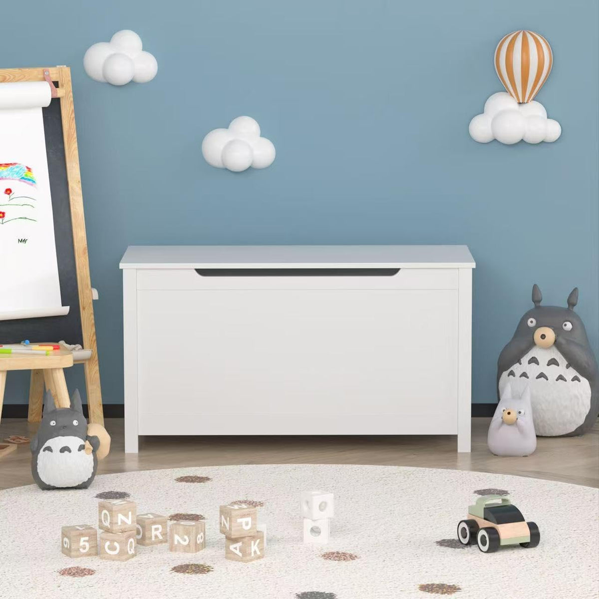 Kids Wooden Toy Box Storage Organizer, Toy Chest with Slow-Close Safety Hinged Lid, Large Playroom Furniture Storage Bin for Toddlers Ages 2+ (White)