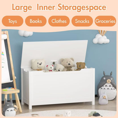 Kids Wooden Toy Box Storage Organizer, Toy Chest with Slow-Close Safety Hinged Lid, Large Playroom Furniture Storage Bin for Toddlers Ages 2+ (White)