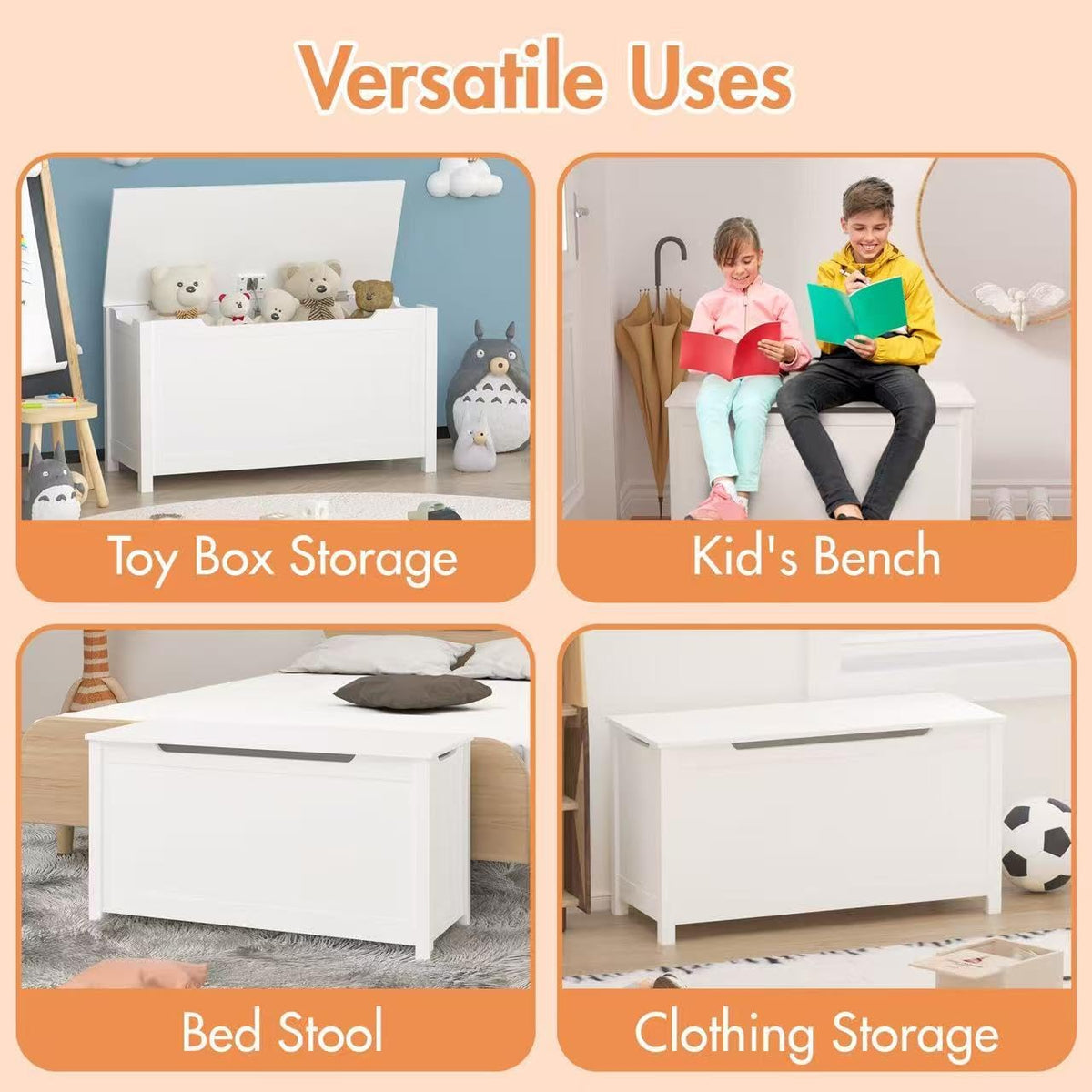 Kids Wooden Toy Box Storage Organizer, Toy Chest with Slow-Close Safety Hinged Lid, Large Playroom Furniture Storage Bin for Toddlers Ages 2+ (White)