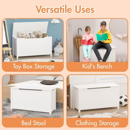 Kids Wooden Toy Box Storage Organizer, Toy Chest with Slow-Close Safety Hinged Lid, Large Playroom Furniture Storage Bin for Toddlers Ages 2+ (White)